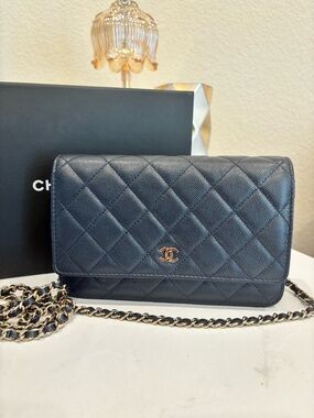 CHANEL Navy Quilted Wallet-on-Chain w/ Card!